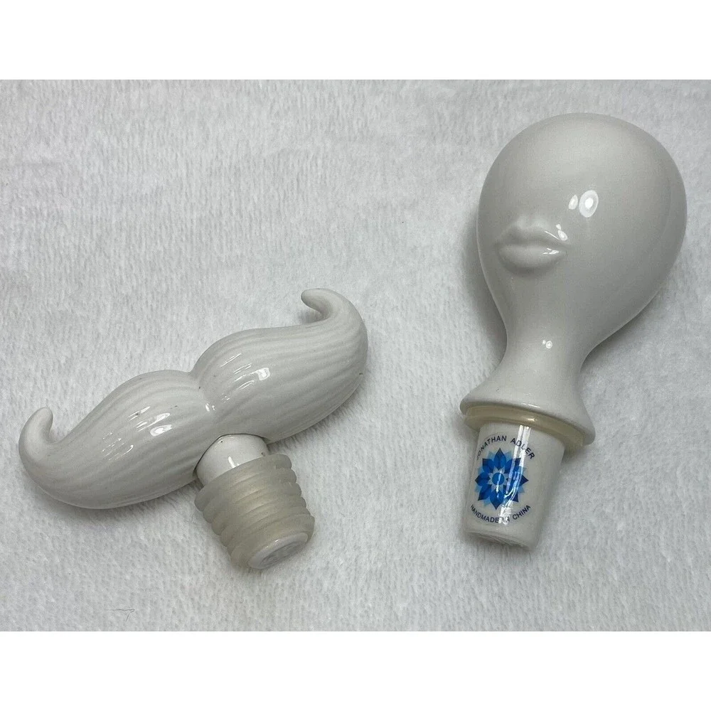Jonathan Adler Mustache & Woman Mrs. Porcelain Wine Stopper Set Minimalist Gift